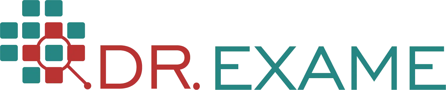 dr exame logo com uma arte com vários quadrados verdes e vermelhos, e o dr em vermelho e o exame em verde
