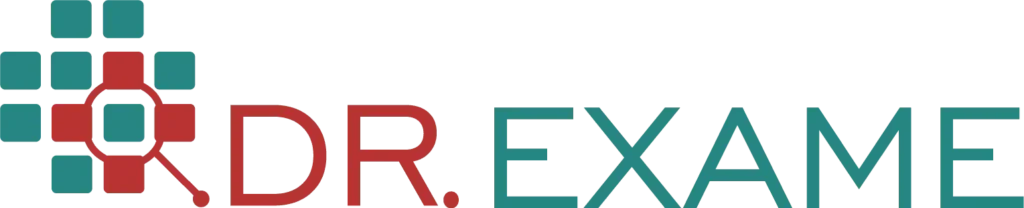 dr exame logo com uma arte com vários quadrados verdes e vermelhos, e o dr em vermelho e o exame em verde