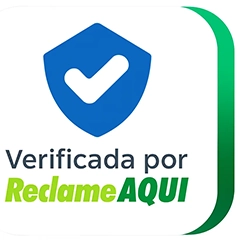 imagem com um ícone de verificação azul, com o texto verificada por reclame aqui, embaixo